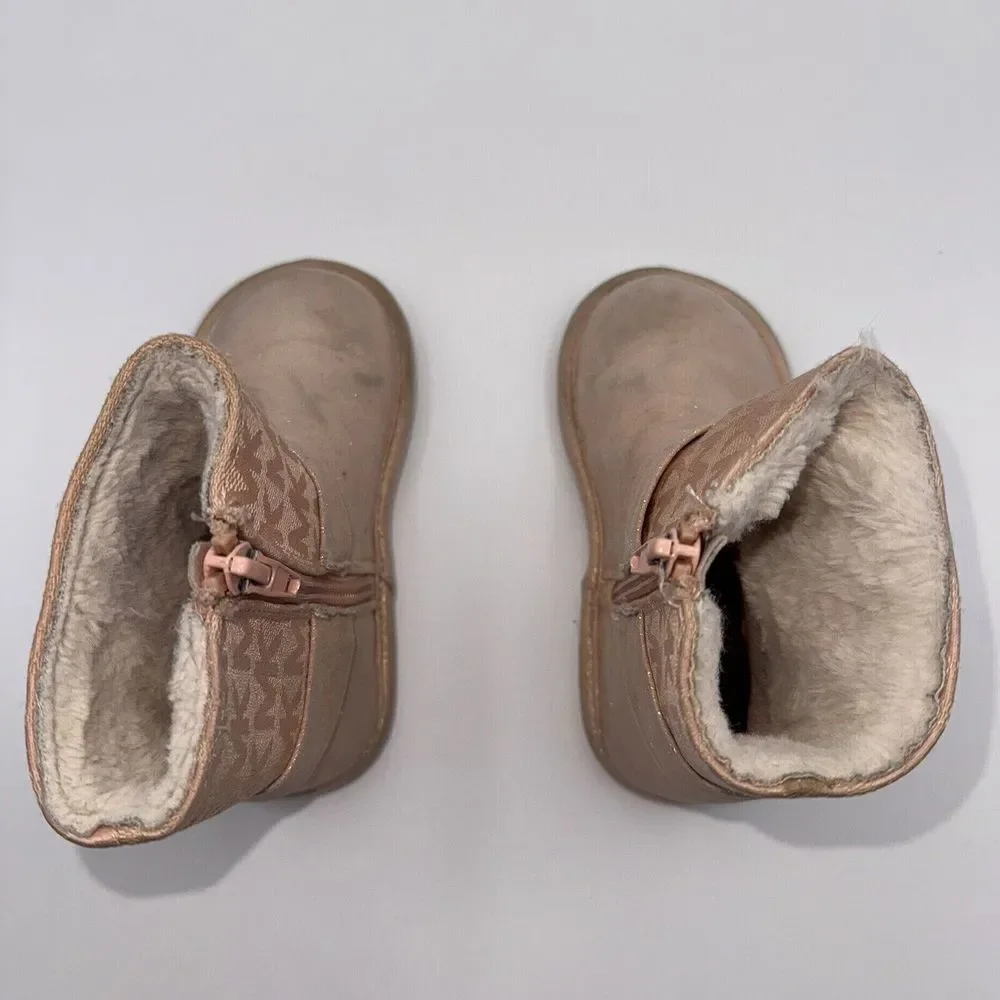 Michael Kors Girls Toddler Size 8 Pink Gold Shimmer Bow‎ Faux Fur Winter Boots